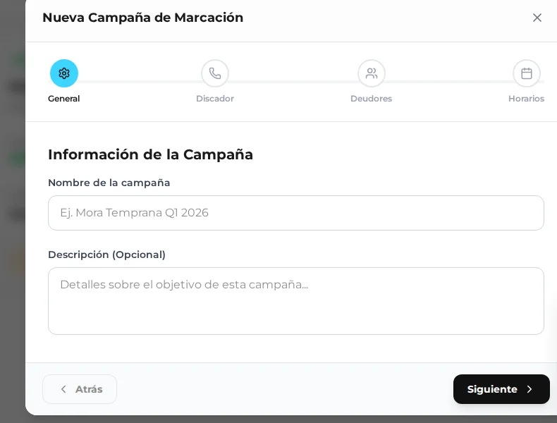 Asistente de campaña enfocado en nombre, objetivo, discador, cartera y horarios