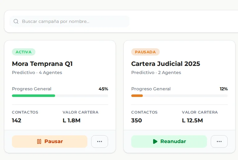 Vista recortada de campañas activas, pausadas y completadas